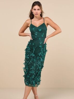 Lulus Limitless Adoration Emerald 3d Floral Embroidered Midi Dress Green